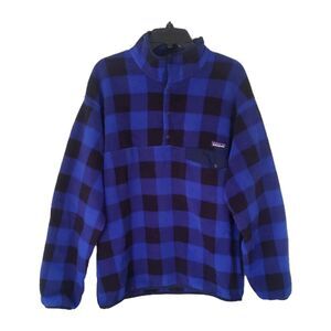 Patagonia Synchilla Blue Black Buffalo Plaid Mens Fleece T Snap Pullover Size L